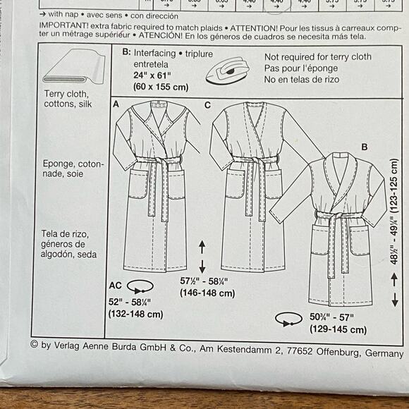 Burda sewing pattern #2653 unsex bathrobe UNCUT size US 12-20 - Picture 6 of 6